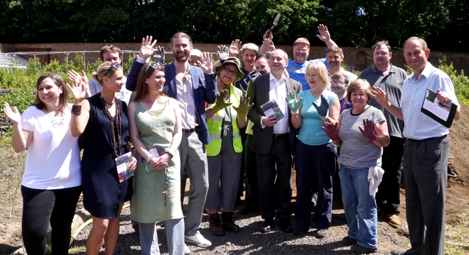 Stephen Williams MP, Thomas Ermacora and volunteers in the Walled Garden